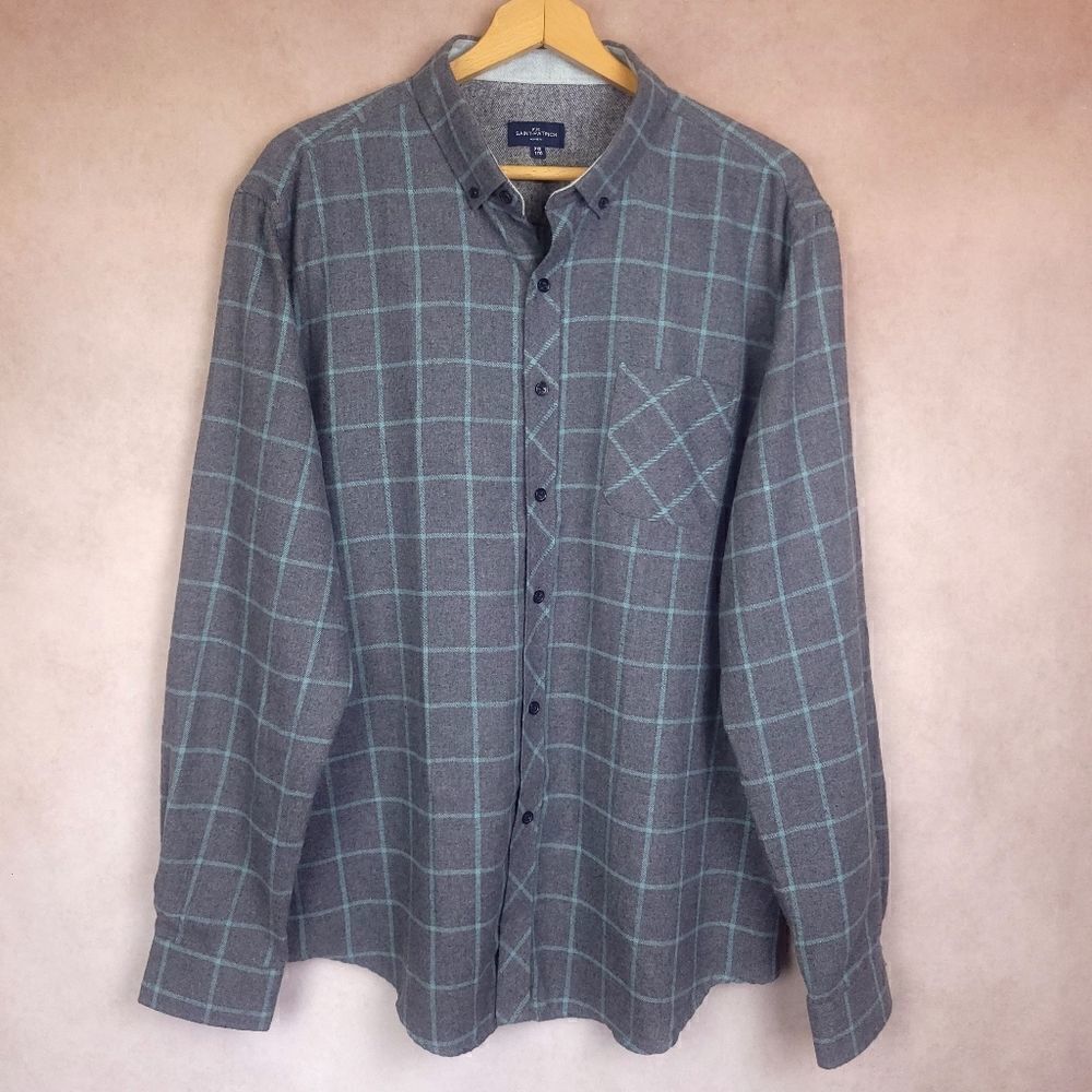 Rue Saint-Patrick Plaid Flannel Long Sleeve Button Down Shirt Gray Blue Size XXL